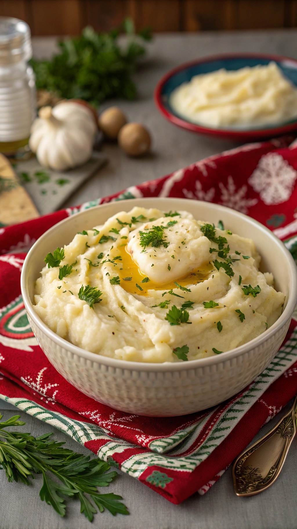 Bowl of creamy garlic mashed potatoes topped with butter and parsley on a festive red and green napkin.