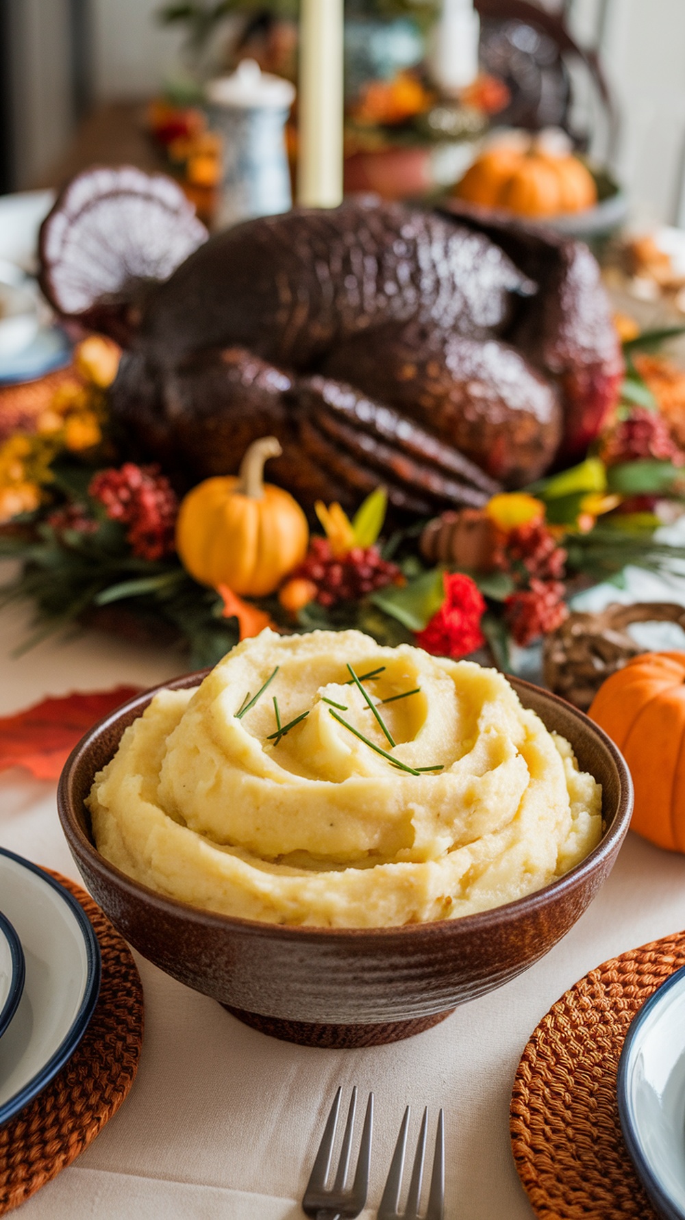 A bowl of creamy garlic mashed potatoes with a turkey in the background