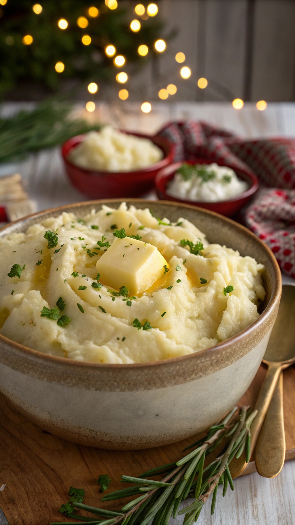 A bowl of creamy garlic mashed potatoes topped with butter and herbs, with festive lights in the background.