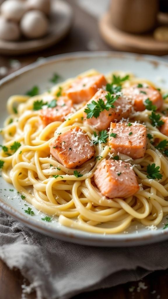 A plate of creamy garlic parmesan salmon pasta topped with salmon pieces and parsley.