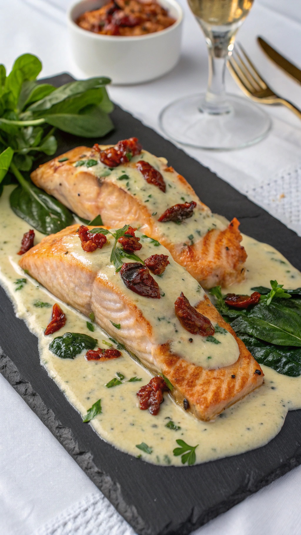 Creamy Garlic Tuscan Salmon served with spinach and sun-dried tomatoes on a black slate plate.