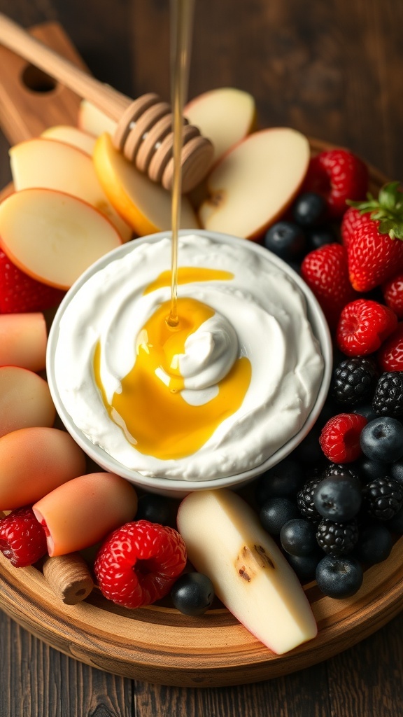 A bowl of Greek yogurt drizzled with honey surrounded by fresh fruits like apples, berries, and nuts.