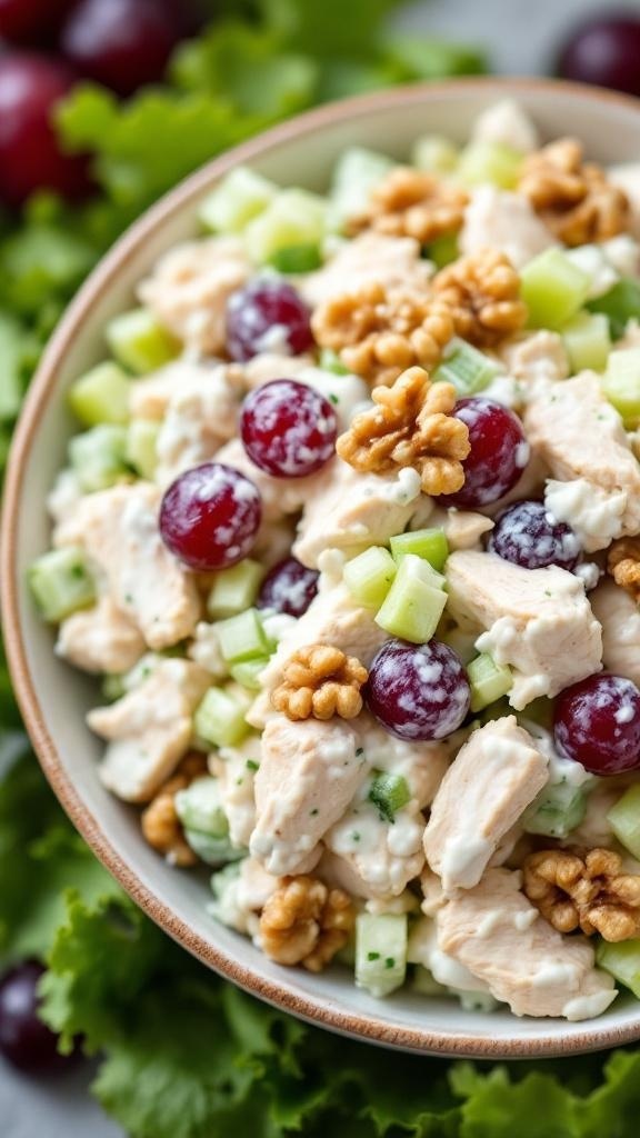 A bowl of creamy Greek yogurt chicken salad with grapes and walnuts