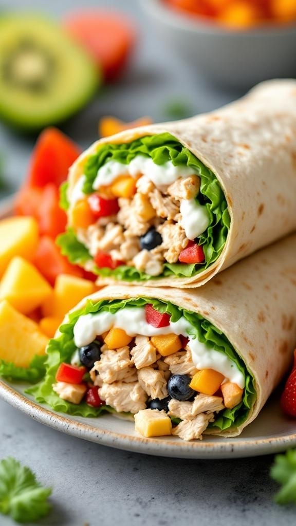Creamy Greek Yogurt Chicken Wraps with fresh vegetables and fruits on a plate