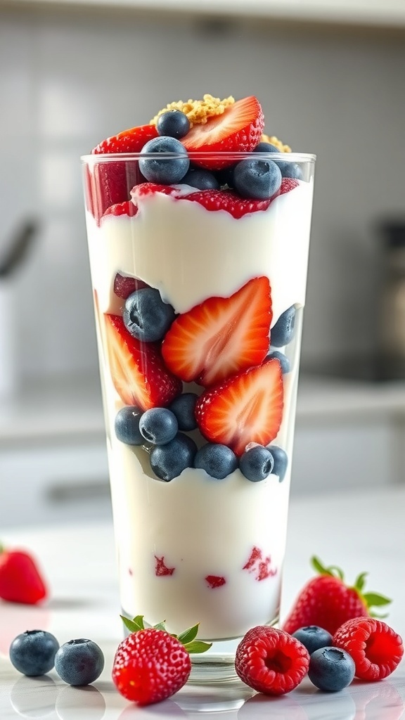 A delicious Greek yogurt parfait layered with strawberries, blueberries, and raspberries in a tall glass.
