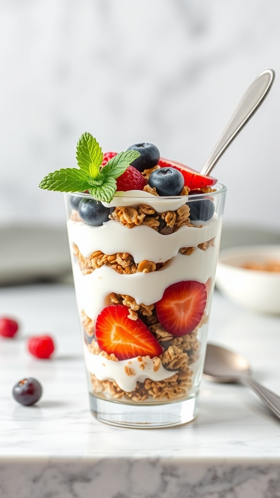 A delicious Greek yogurt parfait with layers of granola and fresh berries.