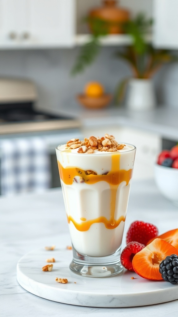 Creamy Greek yogurt parfait with honey and nuts, topped with fresh fruits.