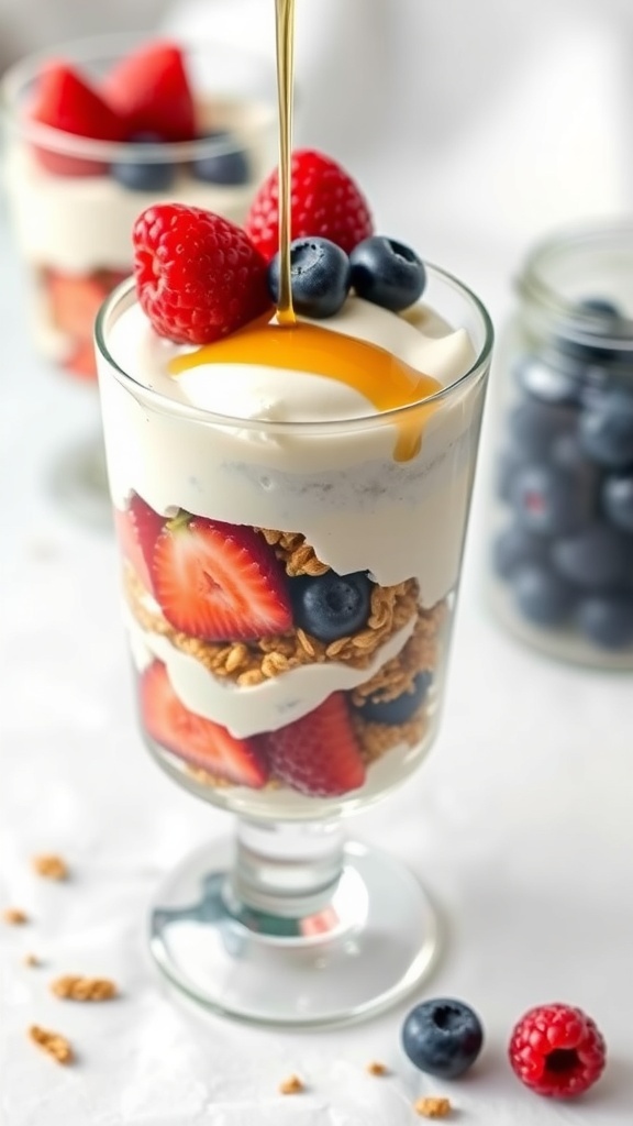 A creamy Greek yogurt parfait with layers of yogurt, granola, and fresh berries, topped with honey.