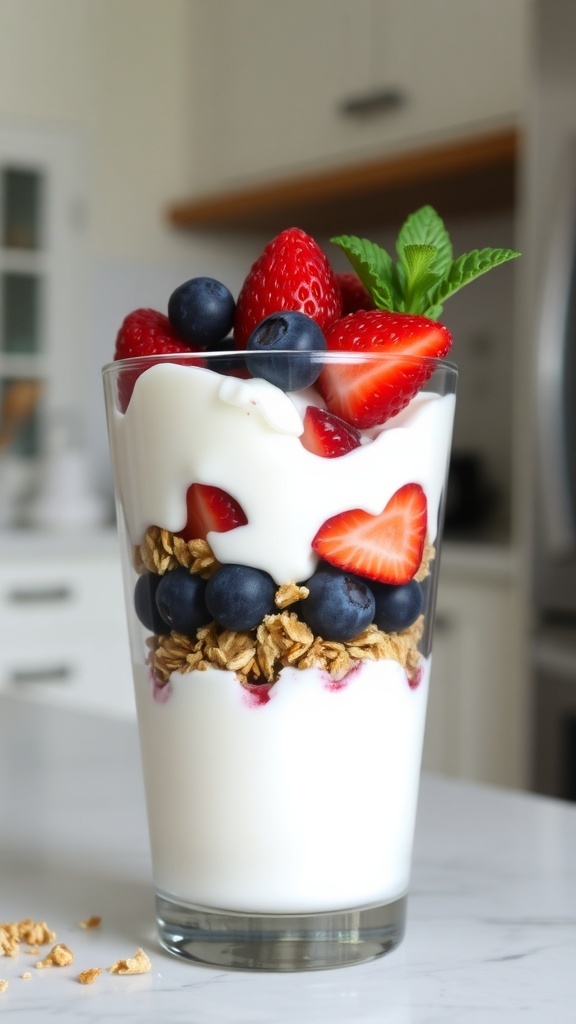A glass of creamy Greek yogurt parfait layered with mixed berries and granola, topped with mint leaves.