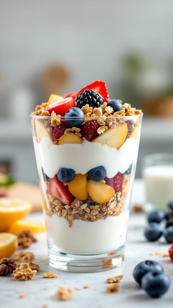 A delicious Greek yogurt parfait layered with fruits, granola, nuts, and seeds.