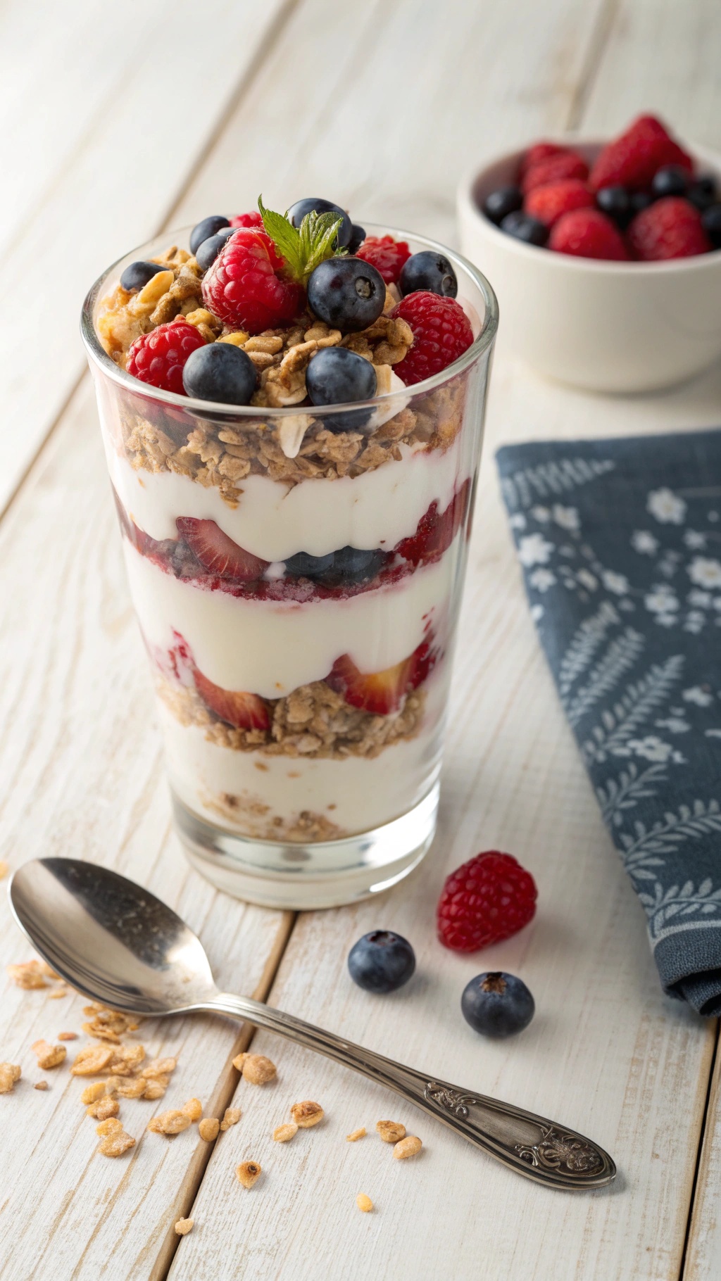 A glass of creamy Greek yogurt parfait layered with granola and fresh berries, garnished with mint leaves.