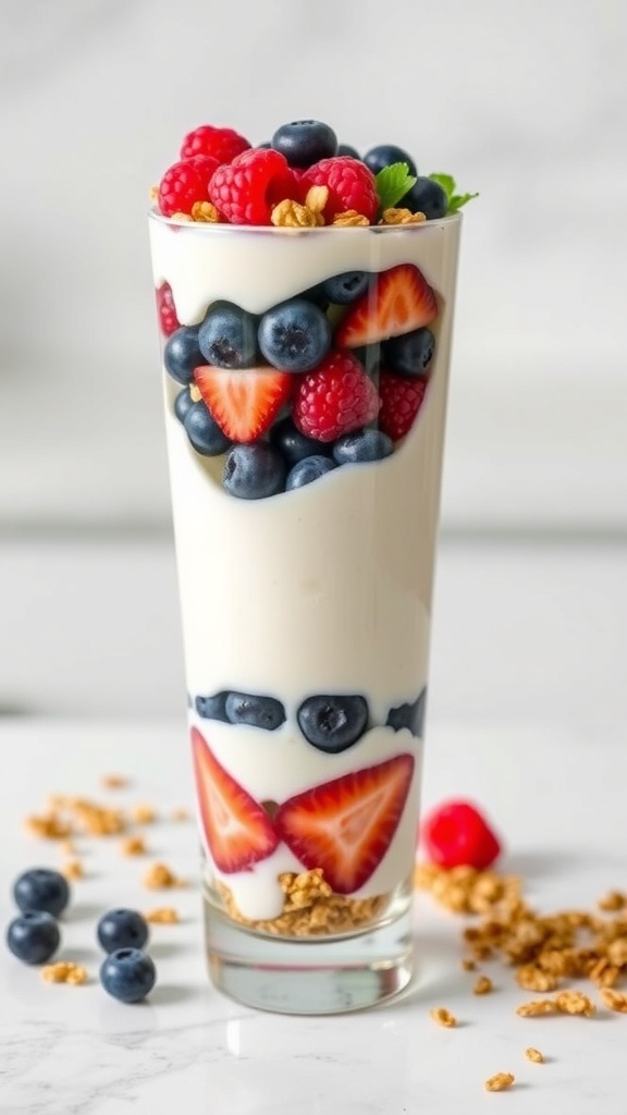 A tall glass filled with layers of Greek yogurt, fresh strawberries, blueberries, raspberries, and granola.