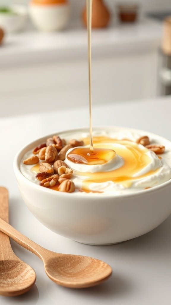 A bowl of creamy Greek yogurt topped with honey and mixed nuts, with wooden spoons beside it.