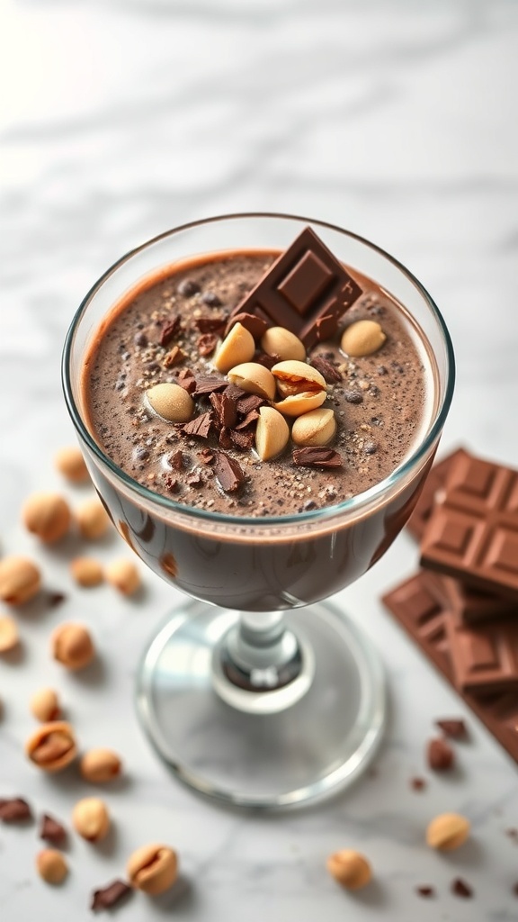 A glass of creamy hazelnut chocolate chia pudding topped with chopped hazelnuts and chocolate pieces.