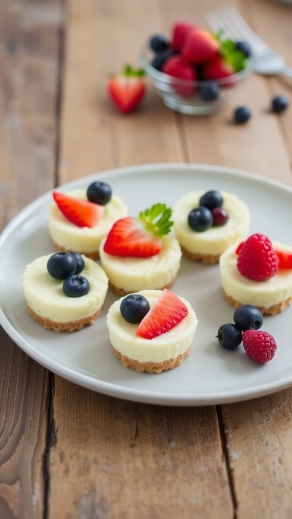 A plate of no-bake cheesecake bites topped with fresh berries, showcasing a delicious dessert option.