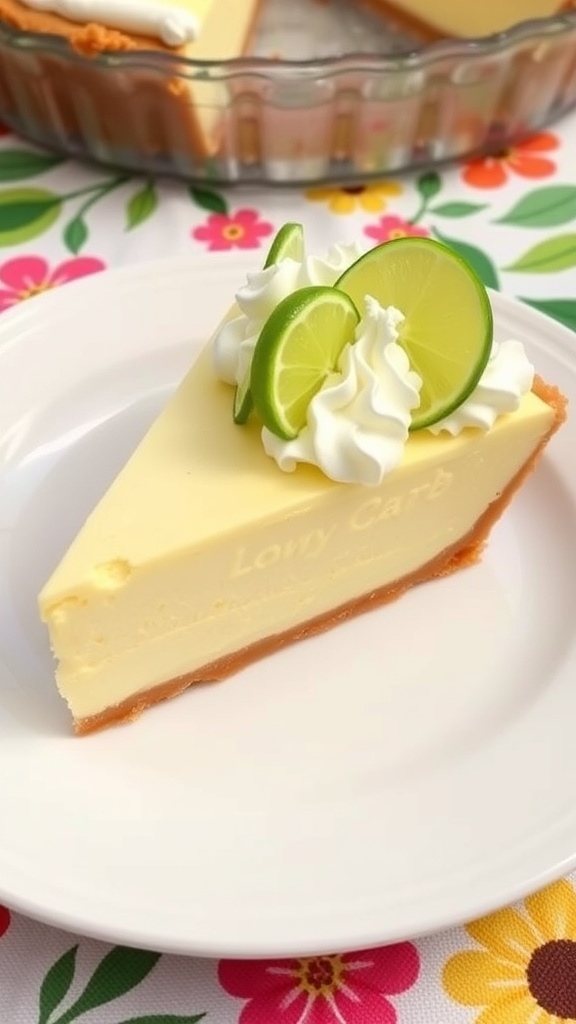 A slice of low-carb key lime pie topped with whipped cream and a lime slice on a floral tablecloth.