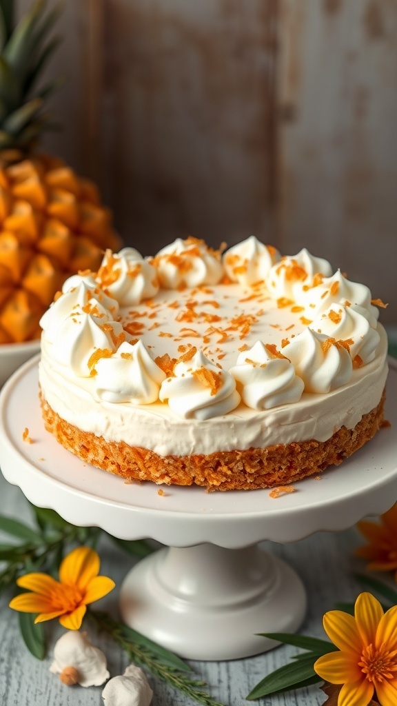 A creamy keto coconut cream pie garnished with whipped cream and toasted coconut, set against a backdrop of tropical decor.