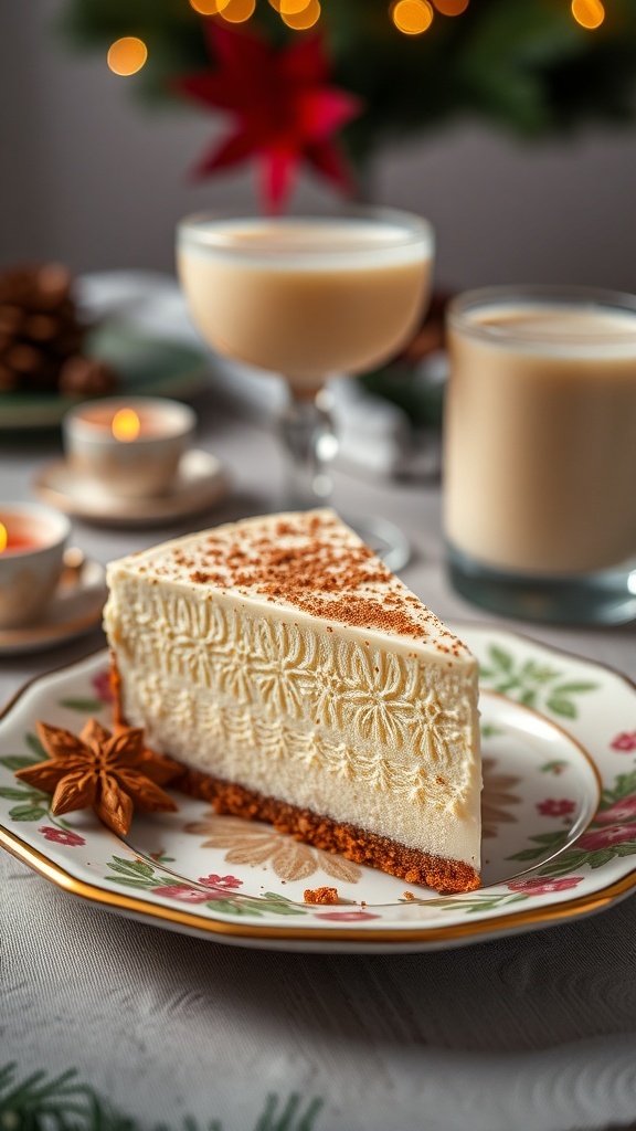 A slice of creamy keto eggnog cheesecake on a festive plate, surrounded by holiday decorations.