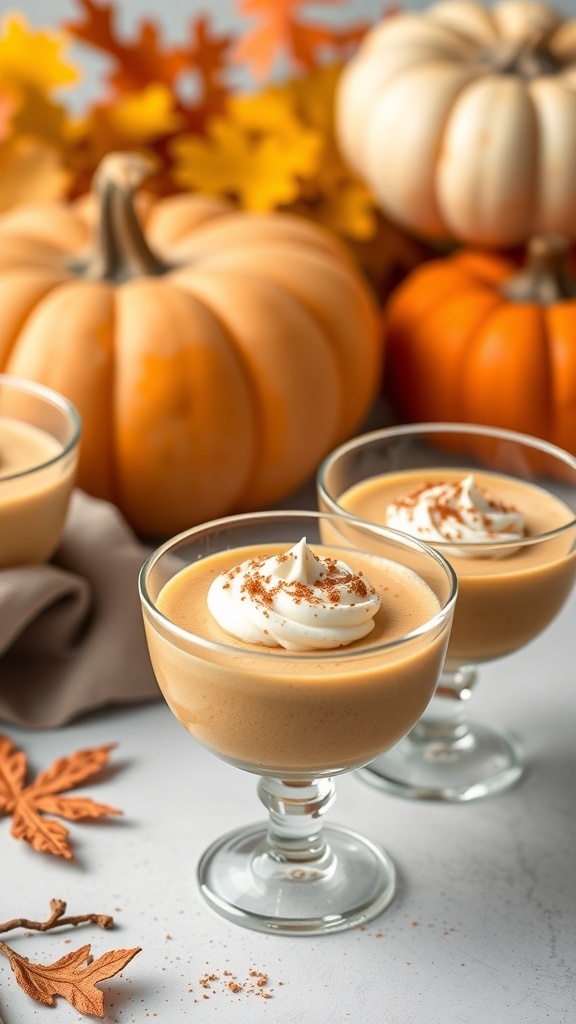 Creamy keto pumpkin mousse served in glass cups with whipped cream and surrounded by pumpkins and autumn leaves.