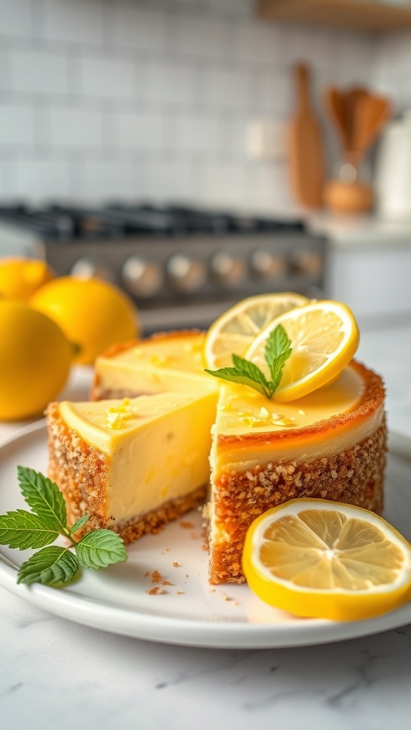 Creamy lemon keto cheesecake with slices of lemon and mint leaves on a white plate