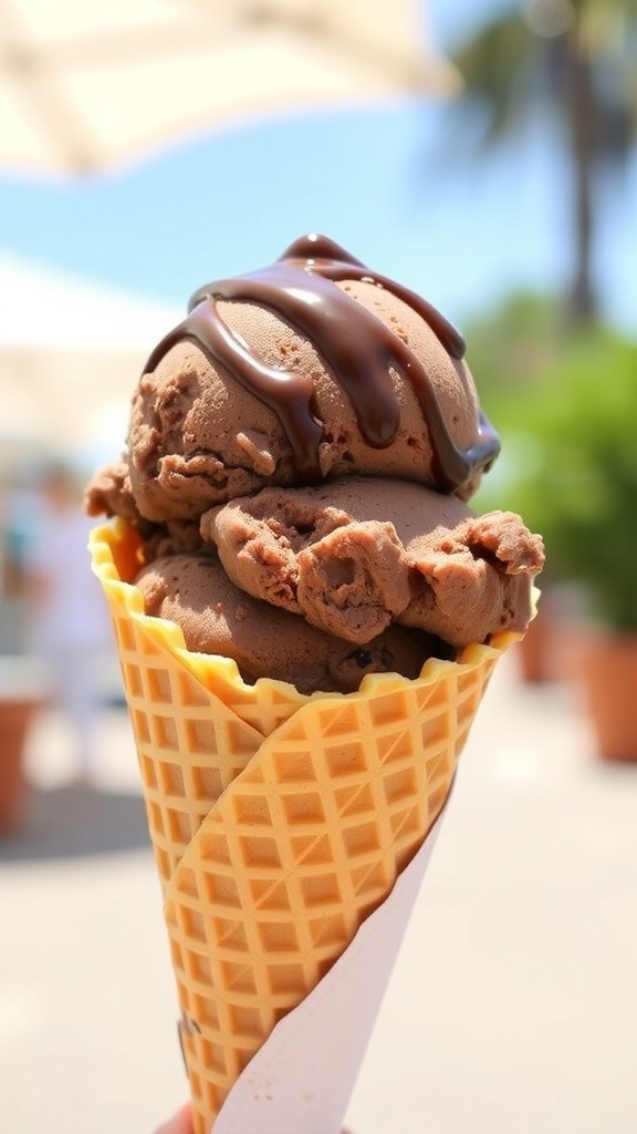A cone filled with creamy chocolate ice cream topped with chocolate sauce.