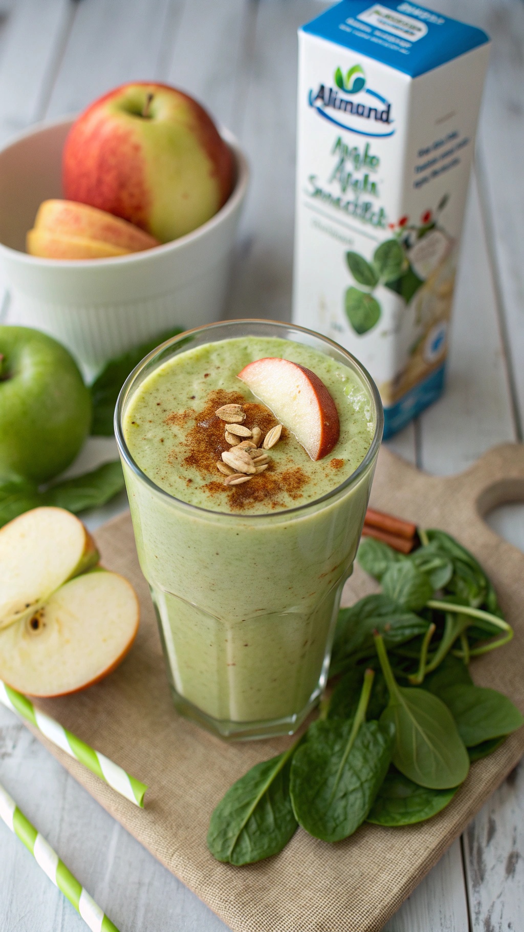 A creamy low-sugar apple smoothie in a glass, topped with a slice of apple and cinnamon, with fresh apples and spinach in the background.