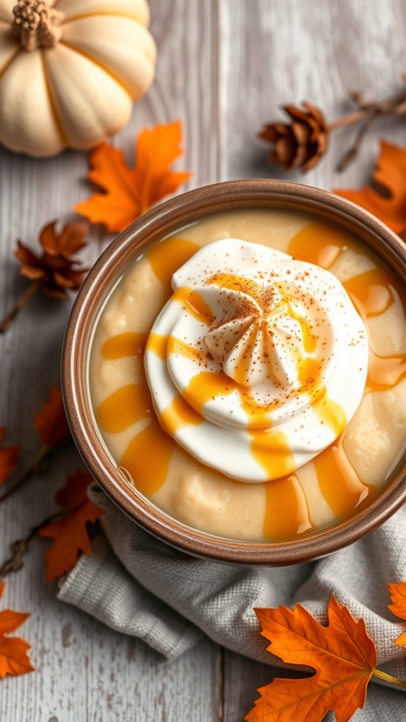 A bowl of creamy maple pudding topped with whipped cream and caramel sauce, surrounded by autumn leaves and a small pumpkin.