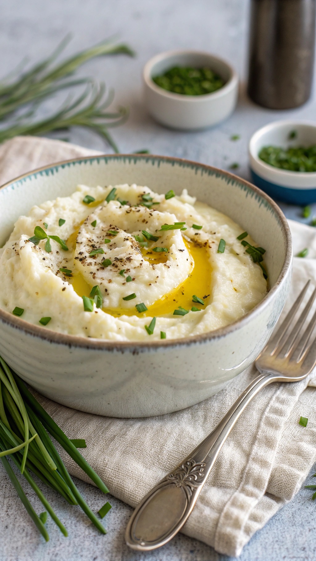 A bowl of creamy mashed cauliflower topped with herbs and olive oil, served with a fork and fresh chives.