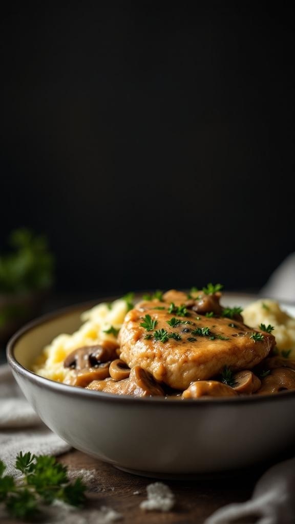 A bowl of creamy mushroom chicken thighs served over mashed potatoes, garnished with parsley.