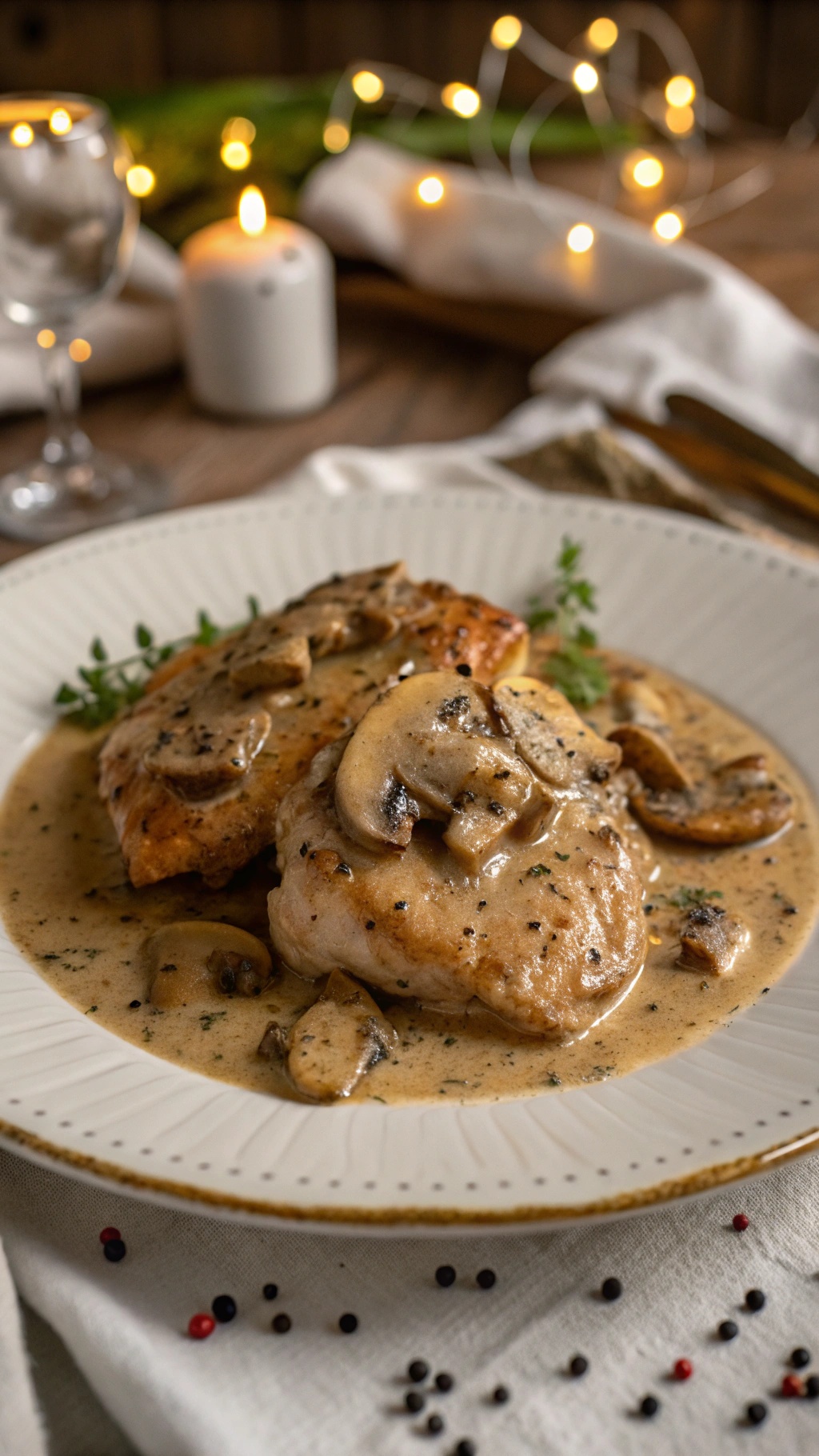 Creamy mushroom chicken thighs served on a plate with a rich sauce.