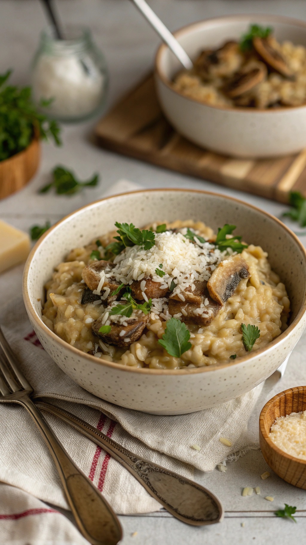 A bowl of creamy mushroom risotto topped with mushrooms and parsley, served with utensils on a table.