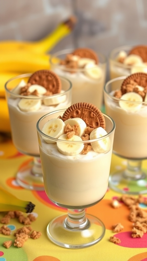 Creamy no-bake banana pudding parfaits in glasses, topped with banana slices and cookies.