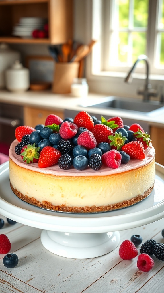 A creamy no-bake cheesecake topped with fresh berries on a white cake stand.