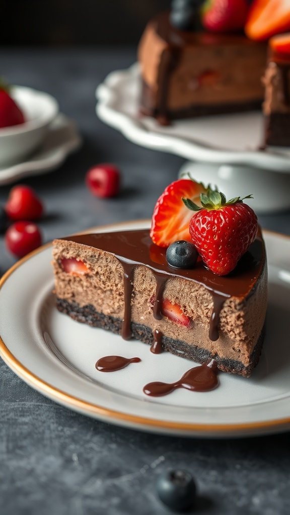 A slice of creamy no-bake chocolate cheesecake topped with strawberries and blueberries, served on a plate.