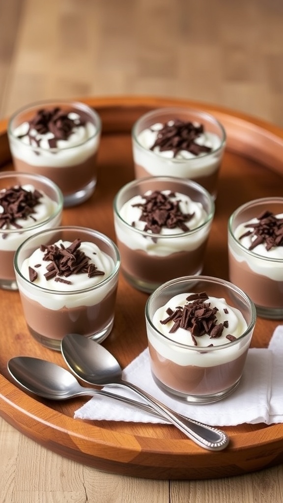Creamy no-bake chocolate pudding cups topped with whipped cream and chocolate shavings, arranged on a wooden tray.