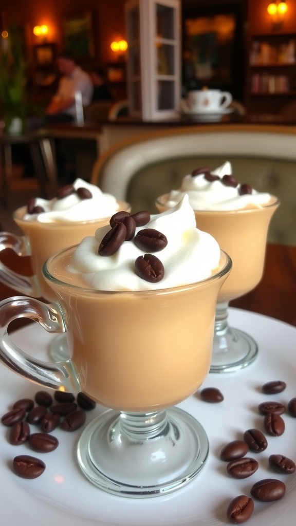Creamy no-bake coffee pudding cups topped with whipped cream and coffee beans