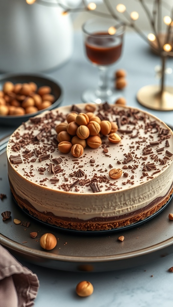A creamy no-bake Nutella cheesecake topped with hazelnuts and chocolate shavings, displayed on a plate.