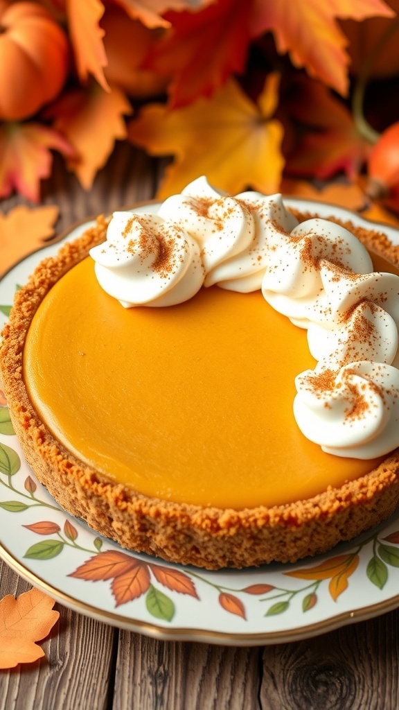 A creamy no-bake pumpkin pie topped with whipped cream and cinnamon, surrounded by autumn leaves and pumpkins.