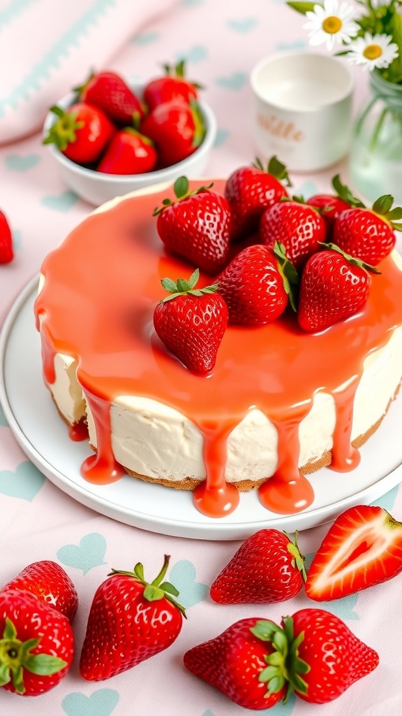 A creamy no-bake strawberry cheesecake topped with fresh strawberries and a glossy strawberry glaze, surrounded by more strawberries.