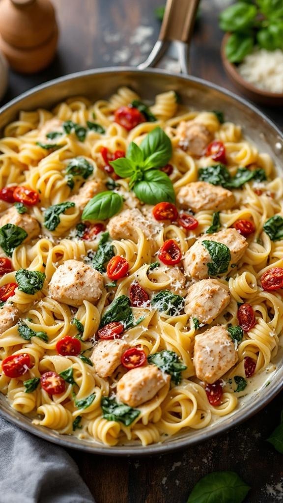 A creamy one-pan Tuscan chicken pasta with spinach and cherry tomatoes, garnished with basil.