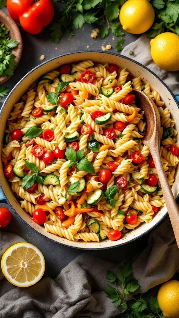 A colorful bowl of creamy one-pot pasta primavera with fresh vegetables and herbs.