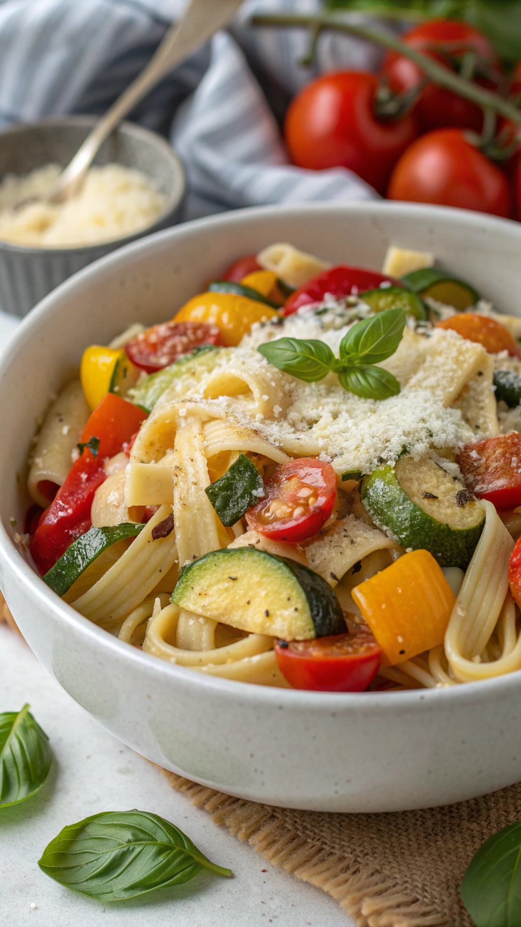A bowl of creamy pasta primavera with colorful seasonal vegetables.