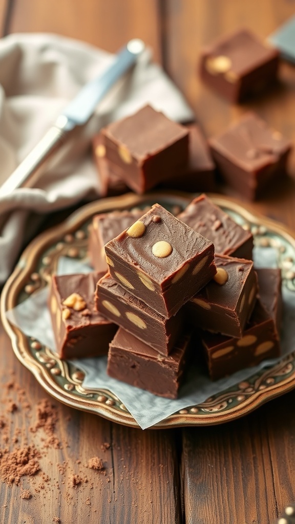 Creamy peanut butter and chocolate fudge squares on a decorative plate.
