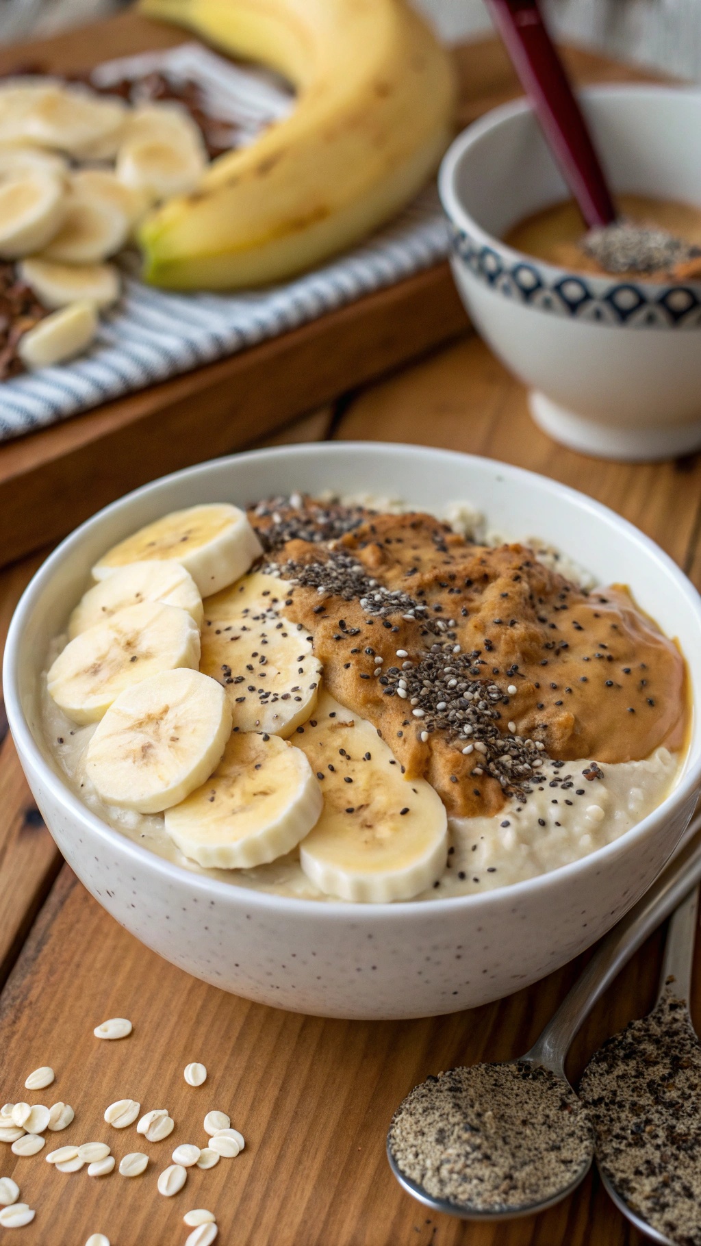 A bowl of creamy peanut butter banana overnight oats topped with banana slices and chia seeds.