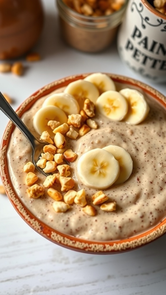 A bowl of creamy peanut butter banana chia pudding topped with banana slices and peanuts.