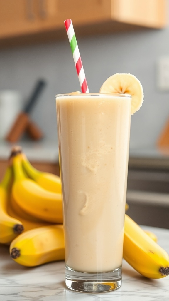 A creamy peanut butter banana smoothie in a tall glass with a straw, surrounded by fresh bananas.