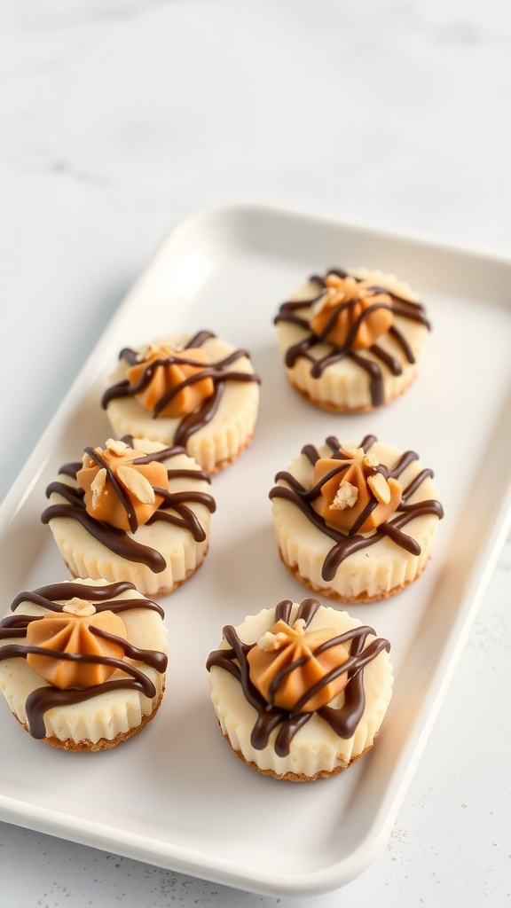 Delicious creamy peanut butter cheesecake bites topped with chocolate and peanuts on a white platter.