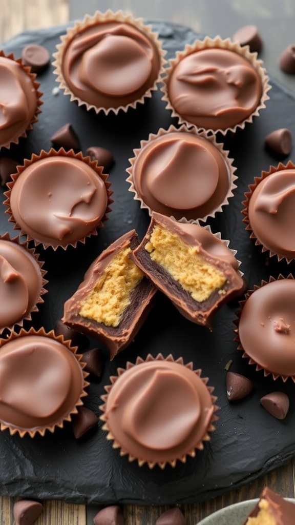 A plate of creamy peanut butter chocolate cups, some whole and one cut in half, showing the peanut butter filling.