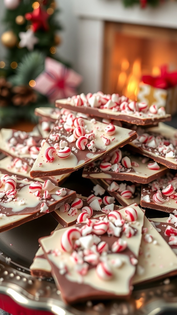A festive display of creamy peppermint bark topped with crushed candy canes, set against a cozy holiday backdrop.