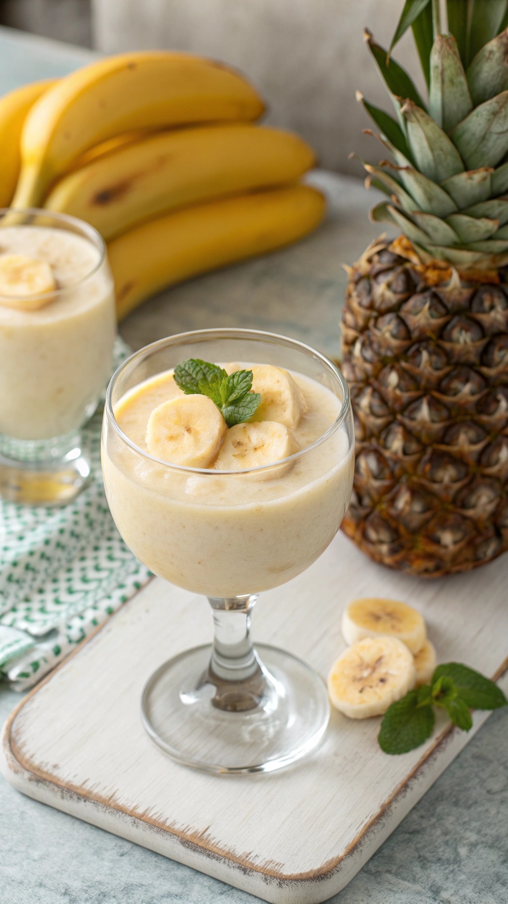 A creamy pineapple banana smoothie in a glass, topped with banana slices and mint, with bananas and a pineapple in the background.